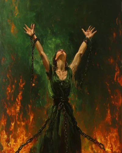 Alma en el fuego con ambos brazos alzados y encadenados