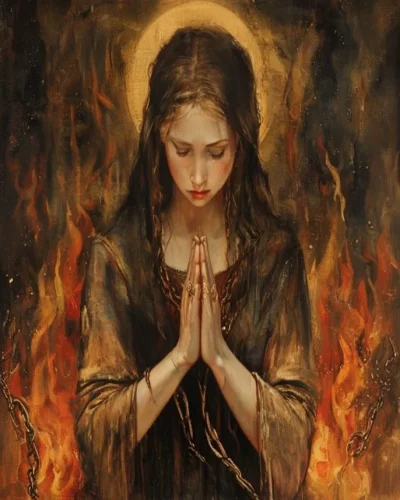 Alma en oración entre el fuego con las manos juntas