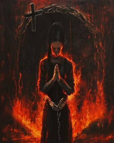 Alma penitente con las manos encadenadas entre llamas