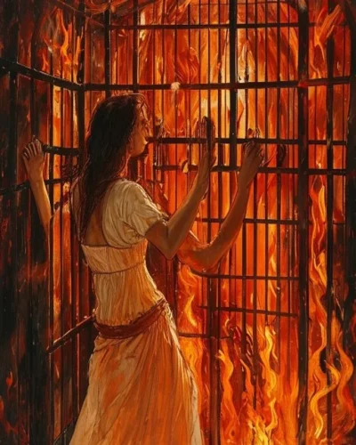 Alma del purgatorio alzando el brazo encadenado hacia la reja