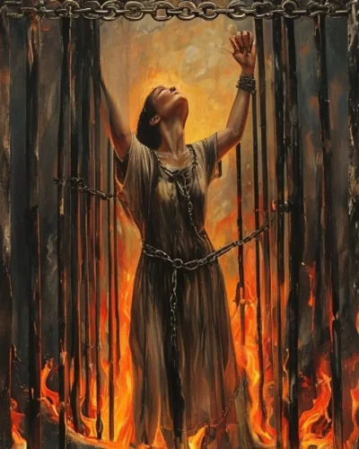 Ánima Sola entre las llamas del purgatorio con la cadena rota