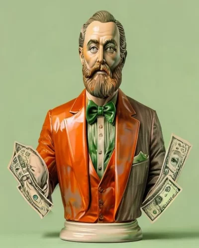 Busto devocional con chaleco naranja sosteniendo billetes