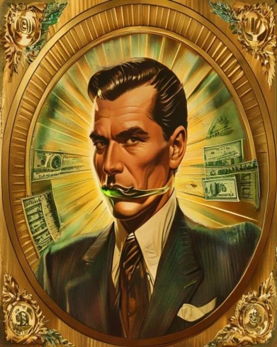 Estampa del santo del dinero entre billetes y luz dorada
