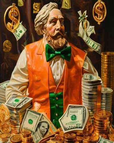 Figura de la abundancia rodeada de billetes y monedas de oro