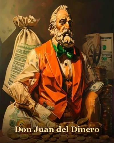 Figura de la prosperidad con bolsa de dinero y monedas