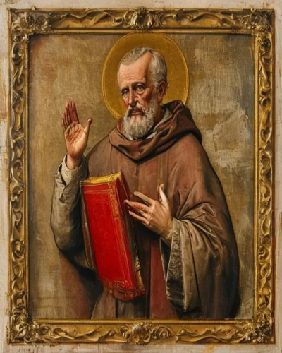 Icono devocional de un fraile con el libro y la mano en bendición