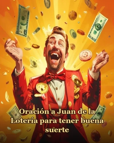 Hombre festejando entre billetes, oración a Juan de la Lotería