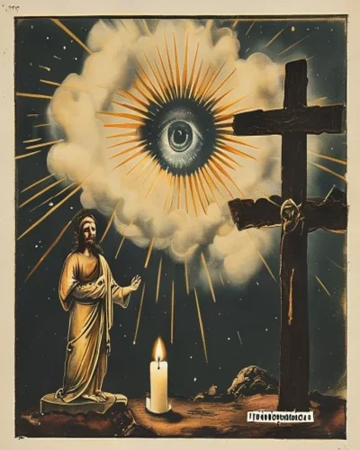 El ojo divino en las nubes junto a un crucifijo y una vela