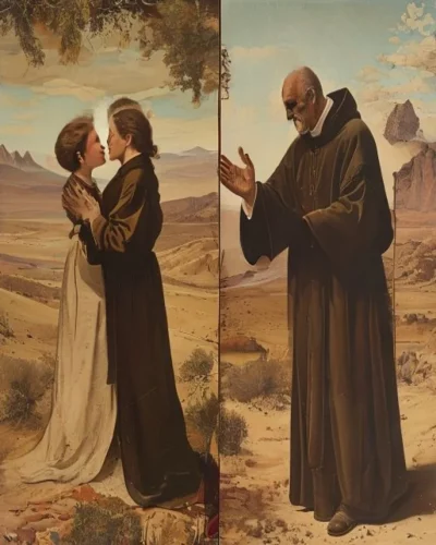 Pareja enamorada junto a un fraile que intercede