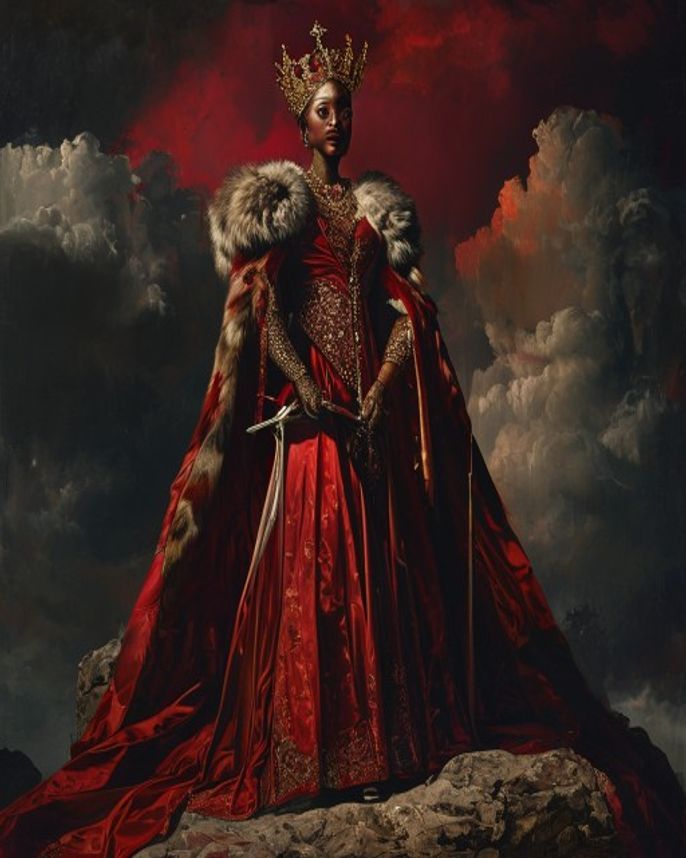 Pomba Gira María Padilha como reina con corona dorada y capa de armiño
