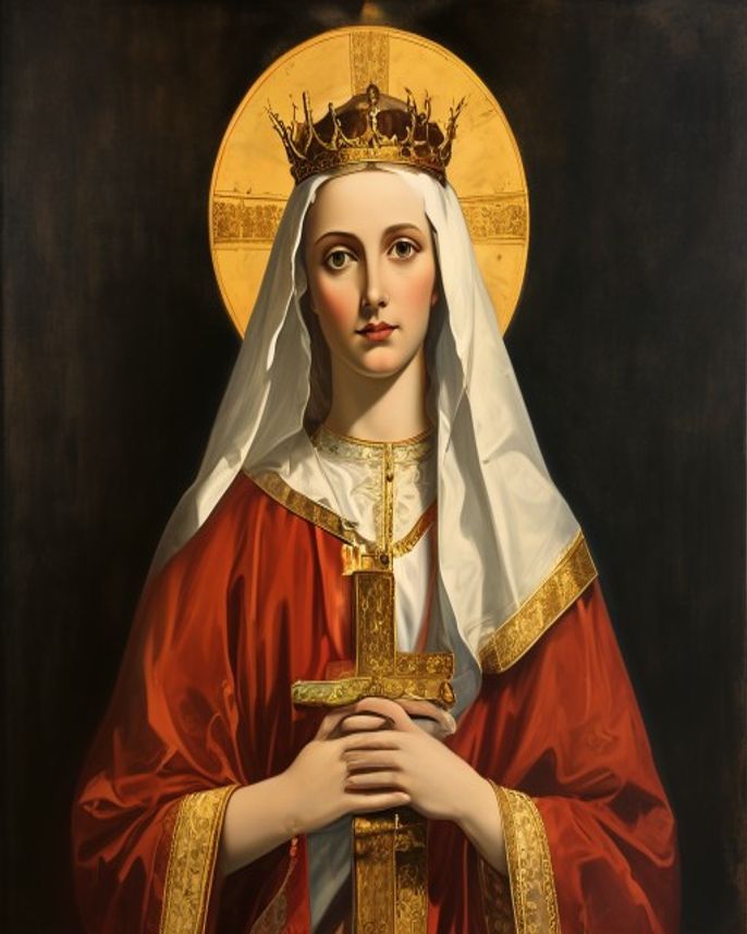 La emperatriz coronada sosteniendo la cruz de madera