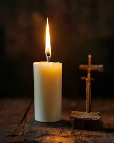 Vela blanca encendida junto a una cruz de madera